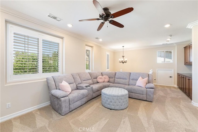11645 Wiggins Ct, Yucaipa, CA 92399 - living area featuring light colored carpet, plenty of natural light, a chandelier, crown molding, and recessed lighting