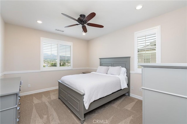 11645 Wiggins Ct, Yucaipa, CA 92399 - bedroom featuring light carpet, recessed lighting, and ceiling fan