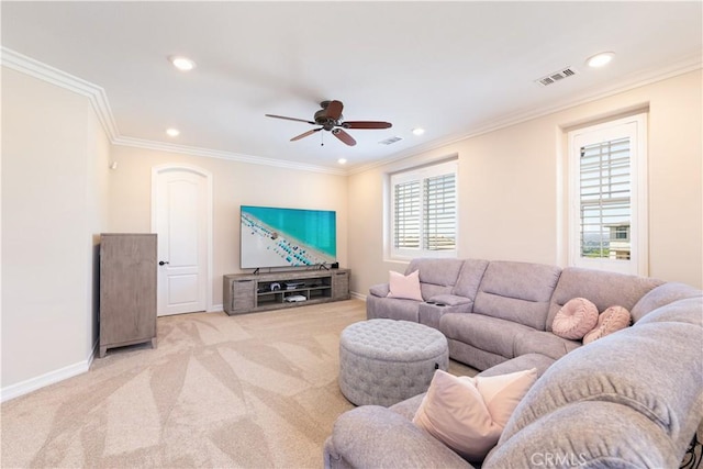 11645 Wiggins Ct, Yucaipa, CA 92399 - living area with a ceiling fan, recessed lighting, light carpet, and crown molding