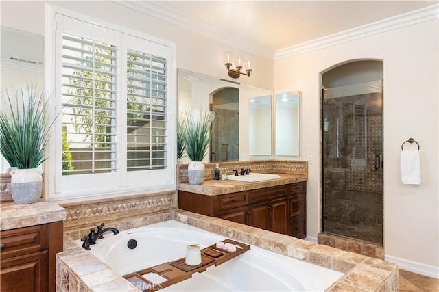 11645 Wiggins Ct, Yucaipa, CA 92399 - full bath featuring a garden tub, vanity, a shower stall, crown molding, and a wall unit AC