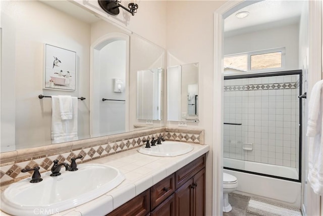 11645 Wiggins Ct, Yucaipa, CA 92399 - full bathroom with double vanity,  shower combination, backsplash, and tile patterned floors