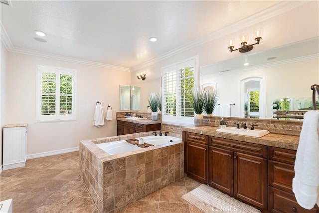 11645 Wiggins Ct, Yucaipa, CA 92399 - full bath featuring a bath, vanity, ornamental molding, and tile patterned flooring