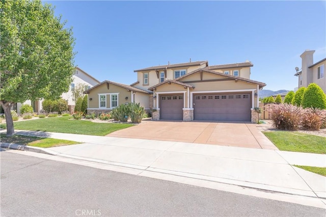 11645 Wiggins Ct, Yucaipa, CA 92399 - craftsman house featuring a garage, concrete driveway, a front lawn, and stone siding