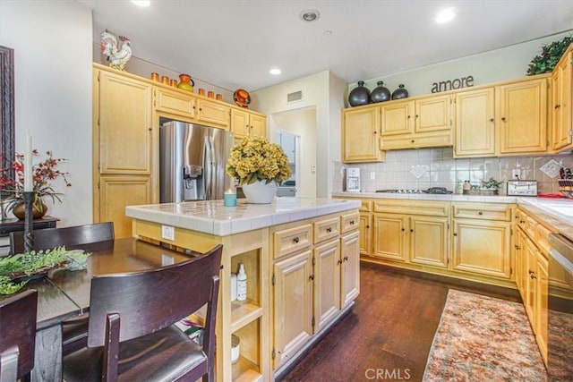 57 Mountain Laurel Way, Azusa, CA 91702 - kitchen with tile counters, stainless steel appliances, backsplash, dark wood-type flooring, and light brown cabinets