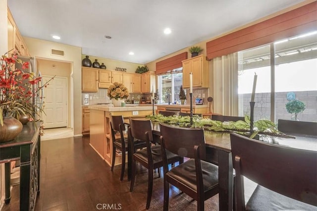 57 Mountain Laurel Way, Azusa, CA 91702 - kitchen with tile countertops, light brown cabinets, backsplash, dark wood-type flooring, and recessed lighting