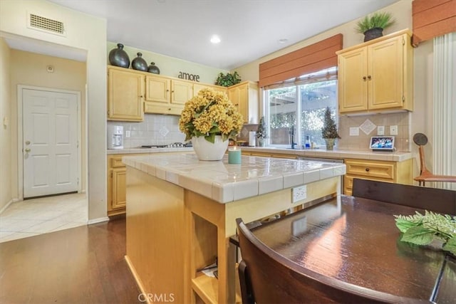 57 Mountain Laurel Way, Azusa, CA 91702 - kitchen featuring tile counters, light brown cabinetry, decorative backsplash, and recessed lighting