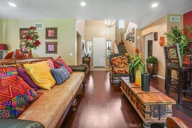 57 Mountain Laurel Way, Azusa, CA 91702 - living room with wood finished floors, stairs, recessed lighting, and a chandelier