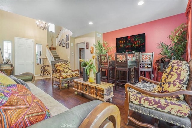 57 Mountain Laurel Way, Azusa, CA 91702 - living room featuring stairway, wood finished floors, recessed lighting, and a chandelier