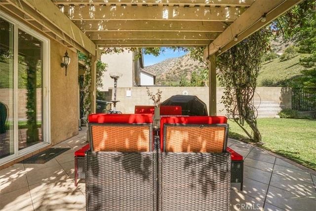 57 Mountain Laurel Way, Azusa, CA 91702 - view of patio featuring a pergola, an outdoor hangout area, a mountain view, and a grill