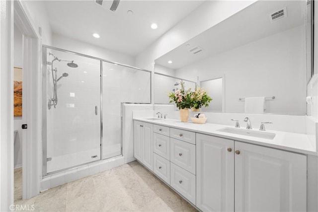 2437 Sanabria Ln, Brea, CA 92821 - full bath with double vanity, a shower stall, and recessed lighting