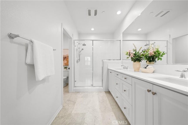 2437 Sanabria Ln, Brea, CA 92821 - full bathroom with a shower stall, double vanity, and recessed lighting