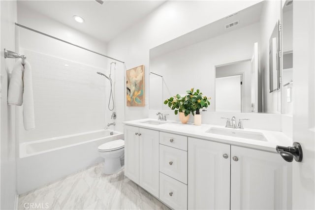 2437 Sanabria Ln, Brea, CA 92821 - full bathroom with double vanity, bathtub / shower combination, marble finish floors, and recessed lighting