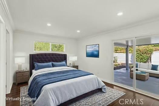 4775 Beverly Ct, Riverside, CA 92506 - bedroom featuring ornamental molding, access to exterior, dark wood-type flooring, and recessed lighting