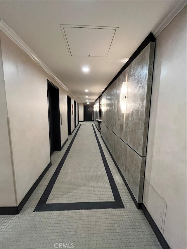 800 W 1st St Unit 2002, Los Angeles, CA 90012 - corridor with ornamental molding, recessed lighting, attic access, and inlaid floor details