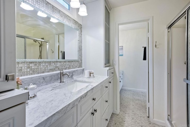 6229 Caminito Basilio, San Diego, CA 92111 - full bath with a stall shower, vanity, decorative backsplash, and tile patterned floors