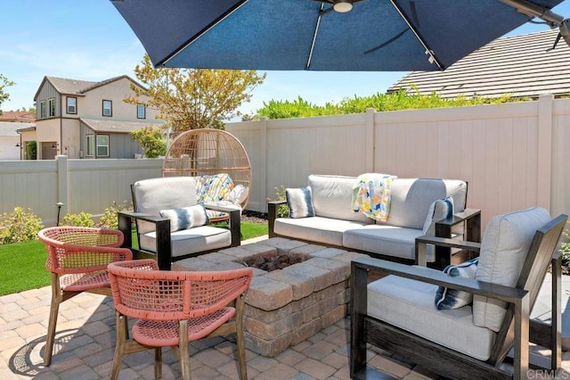 2051 Julie Dawn Pl, Escondido, CA 92026 - fenced backyard featuring an outdoor living space with a fire pit and a patio area