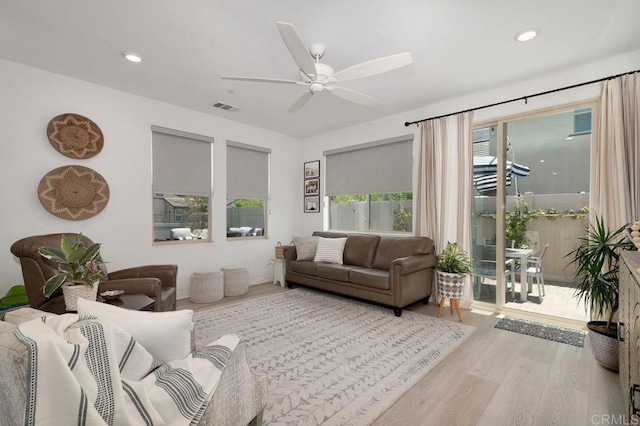2051 Julie Dawn Pl, Escondido, CA 92026 - living room featuring wood finished floors, a ceiling fan, and recessed lighting