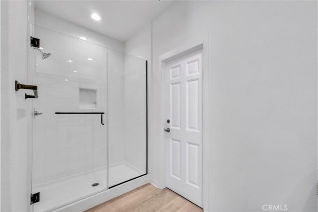 791 S Mosaic St, Anaheim, CA 92805 - full bathroom with a shower stall, wood finished floors, and recessed lighting