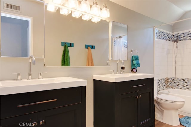 1523 Finegrove Ave, Hacienda Heights, CA 91745 - full bathroom featuring vanity, shower / bath combo with shower curtain, and lofted ceiling