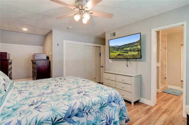 1523 Finegrove Ave, Hacienda Heights, CA 91745 - bedroom with light wood-style flooring, a closet, ceiling fan, recessed lighting, and ensuite bathroom
