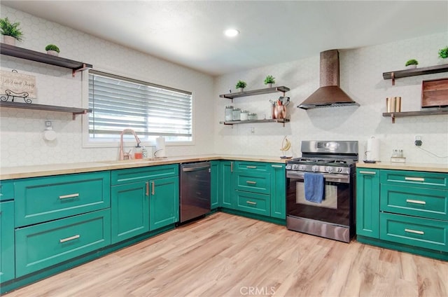 1523 Finegrove Ave, Hacienda Heights, CA 91745 - kitchen featuring open shelves, appliances with stainless steel finishes, wall chimney range hood, light wood-type flooring, and recessed lighting