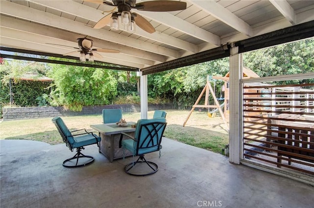 1523 Finegrove Ave, Hacienda Heights, CA 91745 - fenced backyard with a patio area, a playground, outdoor dining space, and ceiling fan