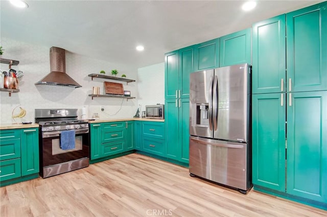 1523 Finegrove Ave, Hacienda Heights, CA 91745 - kitchen with stainless steel appliances, wall chimney range hood, open shelves, light wood-style floors, and recessed lighting