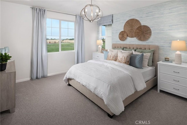 25172 Hunter Ave, Moreno Valley, CA 92551 - carpeted bedroom with a chandelier, an accent wall, and wallpapered walls