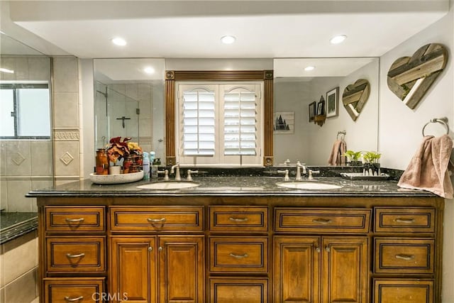 514 Riviera Dr, Lake Arrowhead, CA 92352 - bathroom with double vanity, a shower stall, healthy amount of natural light, and recessed lighting