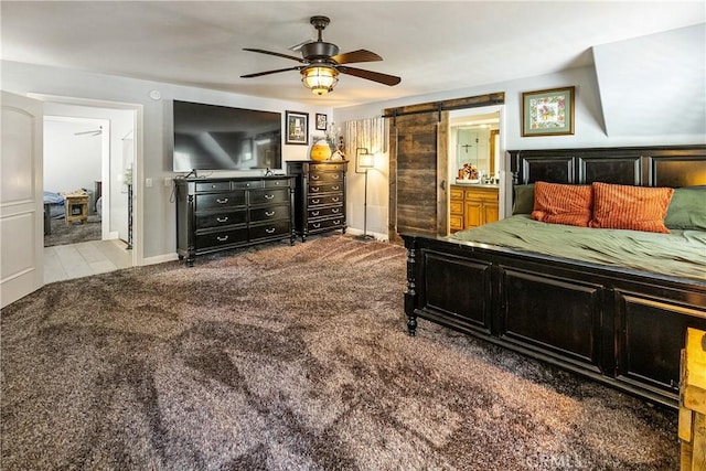 514 Riviera Dr, Lake Arrowhead, CA 92352 - carpeted bedroom featuring ceiling fan and a barn door