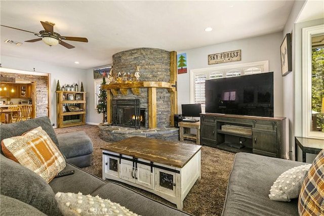 514 Riviera Dr, Lake Arrowhead, CA 92352 - carpeted living area featuring ceiling fan, a stone fireplace, and recessed lighting