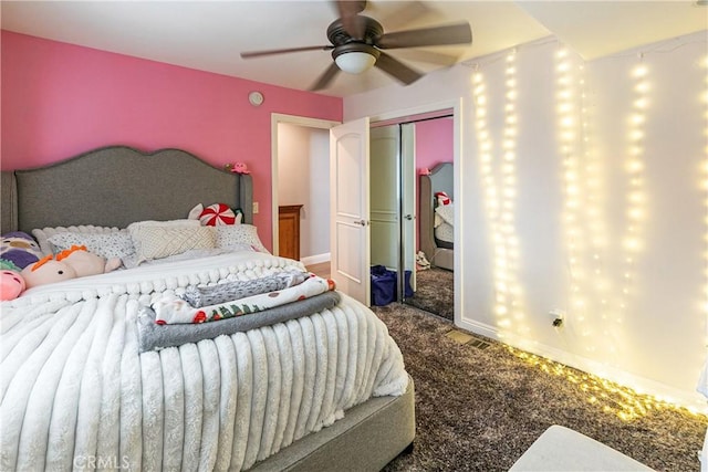 514 Riviera Dr, Lake Arrowhead, CA 92352 - bedroom with carpet flooring, a closet, and ceiling fan