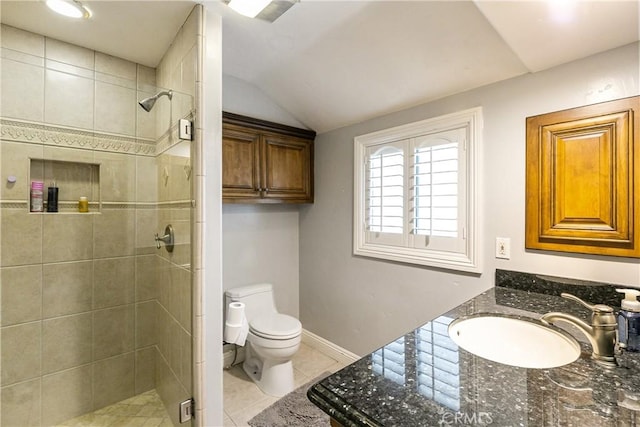 514 Riviera Dr, Lake Arrowhead, CA 92352 - bathroom featuring a stall shower, lofted ceiling, tile patterned floors, and vanity