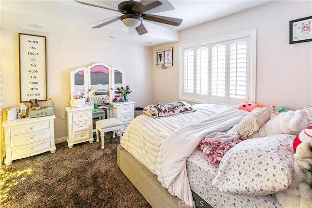 514 Riviera Dr, Lake Arrowhead, CA 92352 - bedroom featuring dark colored carpet and a ceiling fan