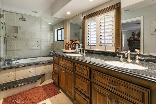 514 Riviera Dr, Lake Arrowhead, CA 92352 - bathroom with tile patterned flooring, double vanity, and tiled shower / bath combo