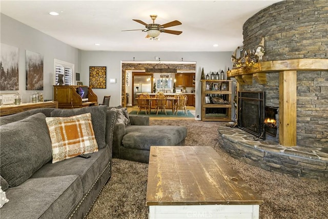 514 Riviera Dr, Lake Arrowhead, CA 92352 - living area with a ceiling fan, carpet floors, a fireplace, and recessed lighting