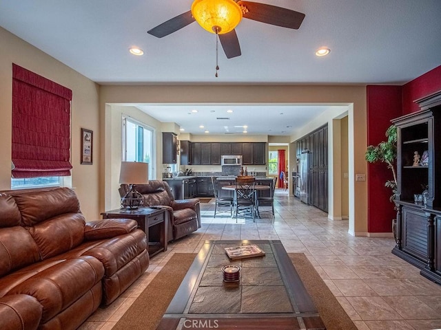 9275 Serenity St, Riverside, CA 92508 - living room featuring plenty of natural light, recessed lighting, ceiling fan, and light tile patterned floors