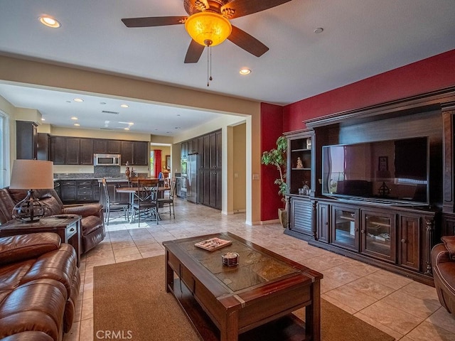 9275 Serenity St, Riverside, CA 92508 - living room featuring light tile patterned flooring, recessed lighting, and a ceiling fan