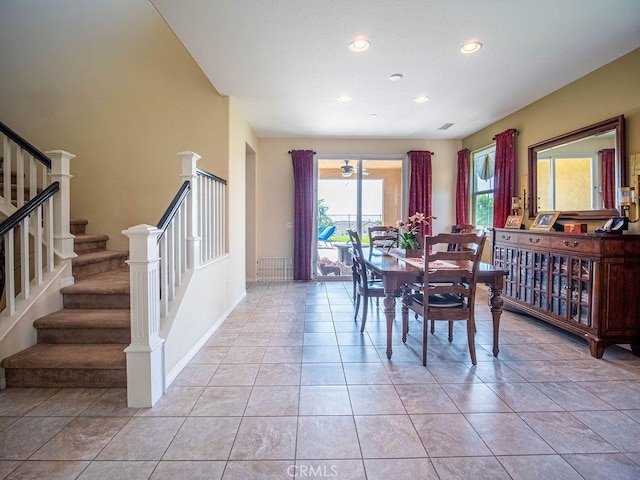 9275 Serenity St, Riverside, CA 92508 - dining space featuring recessed lighting, stairway, and light tile patterned flooring
