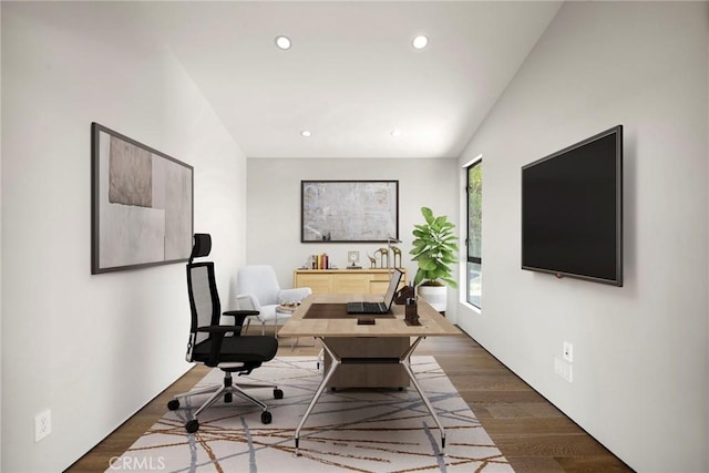 9336 Lloydcrest Dr, Beverly Hills, CA 90210 - office area with recessed lighting, lofted ceiling, and wood finished floors