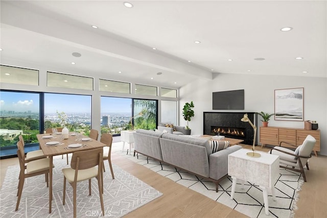 9336 Lloydcrest Dr, Beverly Hills, CA 90210 - living area with light wood finished floors, a fireplace, recessed lighting, and a view of city