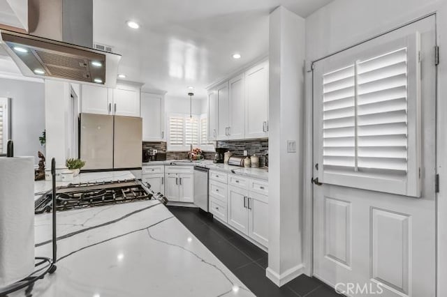 4708 W 132nd St, Hawthorne, CA 90250 - kitchen featuring wall chimney exhaust hood, freestanding refrigerator, white cabinetry, stainless steel dishwasher, and recessed lighting