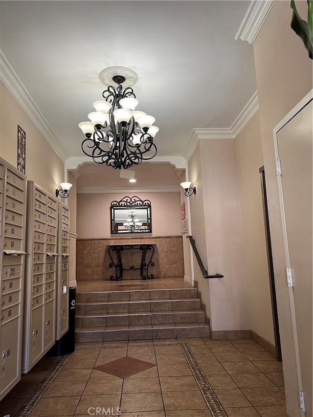 5257 Radford Ave Unit 308, Valley Village, CA 91607 - stairs featuring crown molding, a chandelier, tile patterned floors, and inlaid floor details
