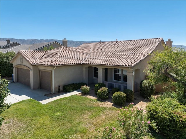 42619 Meridian Way, Lancaster, CA 93536 - mediterranean / spanish home with a chimney, an attached garage, stucco siding, a front lawn, and concrete driveway
