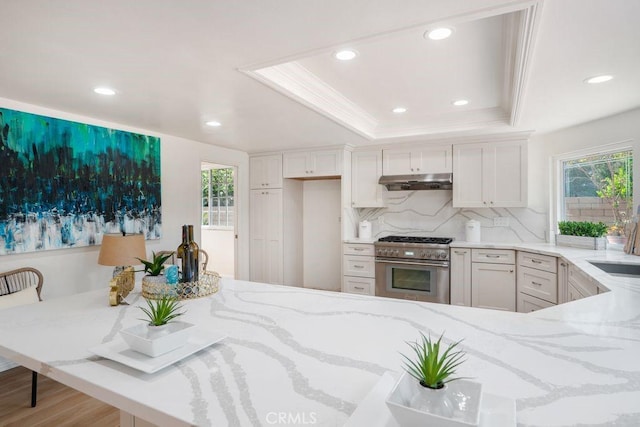 20329 Rim Ridge Rd, Walnut, CA 91789 - kitchen with light stone countertops, stainless steel stove, a tray ceiling, recessed lighting, and ornamental molding