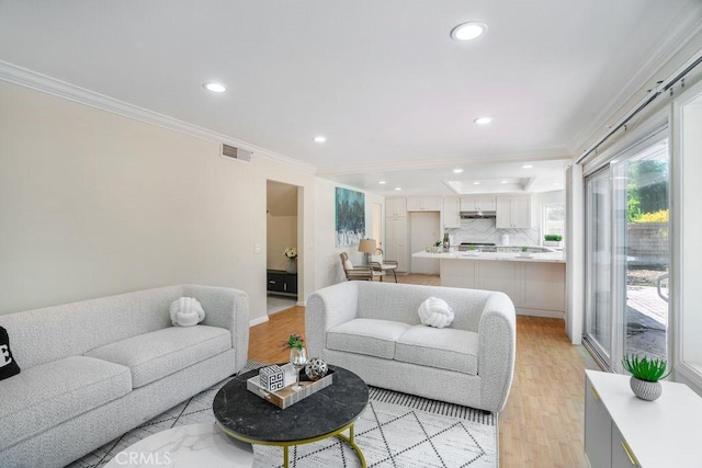 20329 Rim Ridge Rd, Walnut, CA 91789 - living area with ornamental molding, light wood finished floors, and recessed lighting
