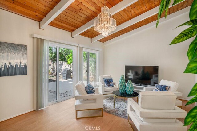 20329 Rim Ridge Rd, Walnut, CA 91789 - living room with wooden ceiling, a chandelier, and wood finished floors