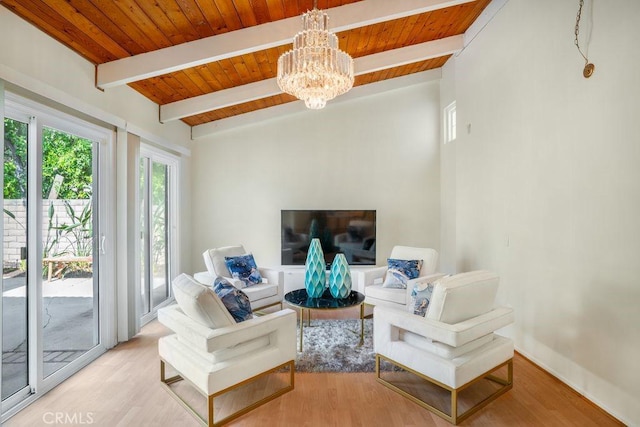 20329 Rim Ridge Rd, Walnut, CA 91789 - living area featuring a chandelier, wood finished floors, and a wooden ceiling with exposed beams