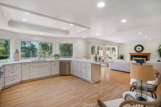 20329 Rim Ridge Rd, Walnut, CA 91789 - kitchen featuring ornamental molding, plenty of natural light, a tray ceiling, open floor plan, and dishwasher