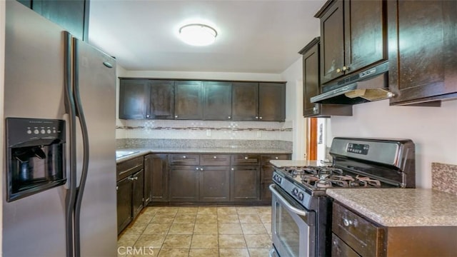 856 W 47th St, Los Angeles, CA 90037 - kitchen featuring stainless steel appliances, under cabinet range hood, dark brown cabinets, and backsplash